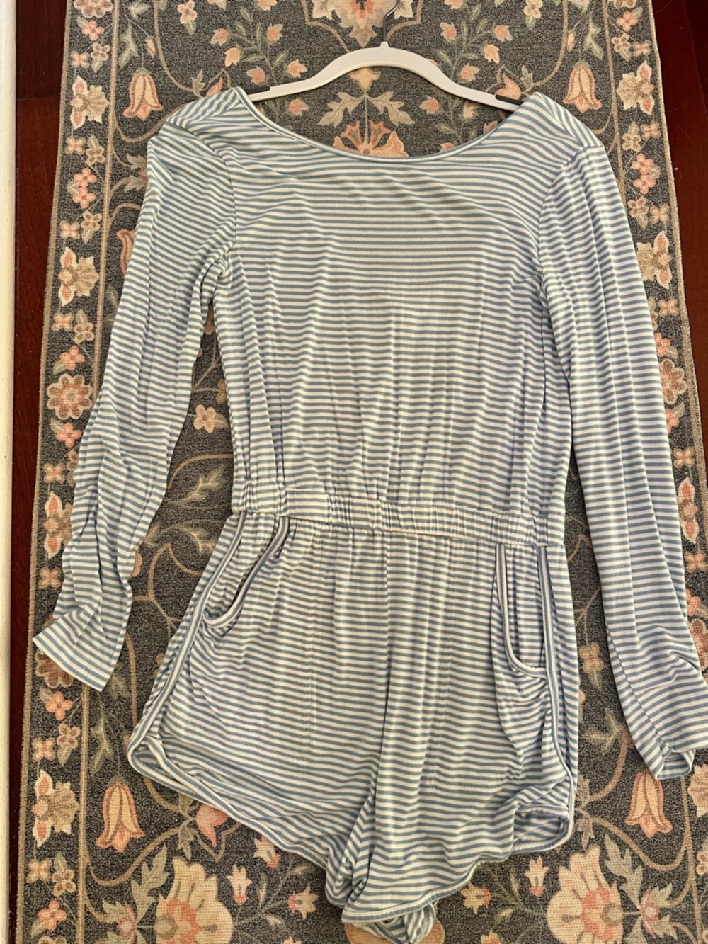 FP Striped Long-Sleeve Romper in Light Blue and White